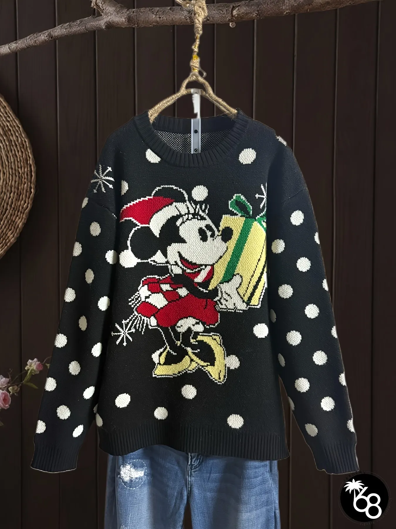 Womens Mickey Minnie Mouse Christmas Sweater Black with White Polka Dots Festive Cartoon | 168DEAL