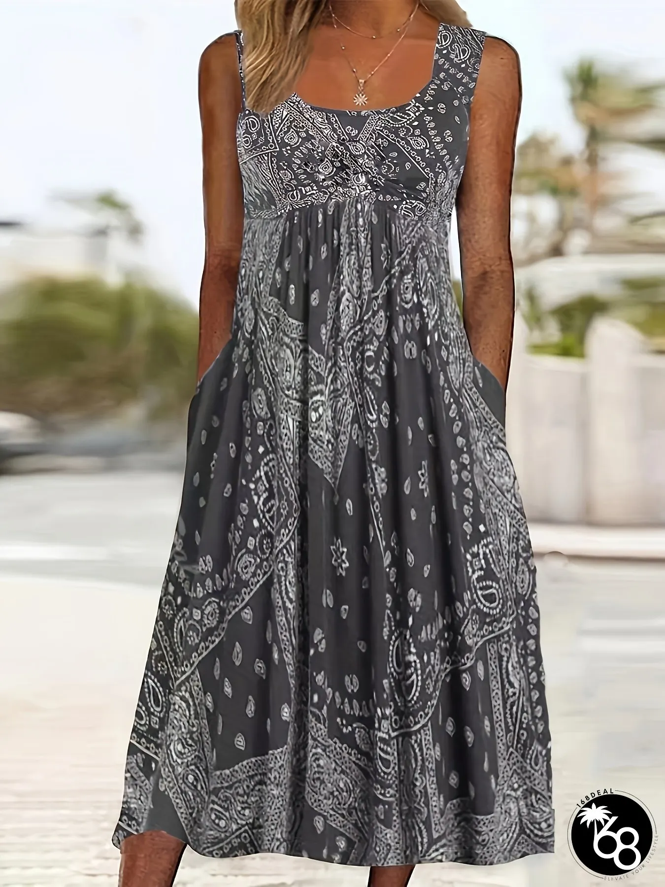 Flowy Breathable Womens Sleeveless Square Neck Dress Formal Casual Outfit Flared Hem | 168DEAL