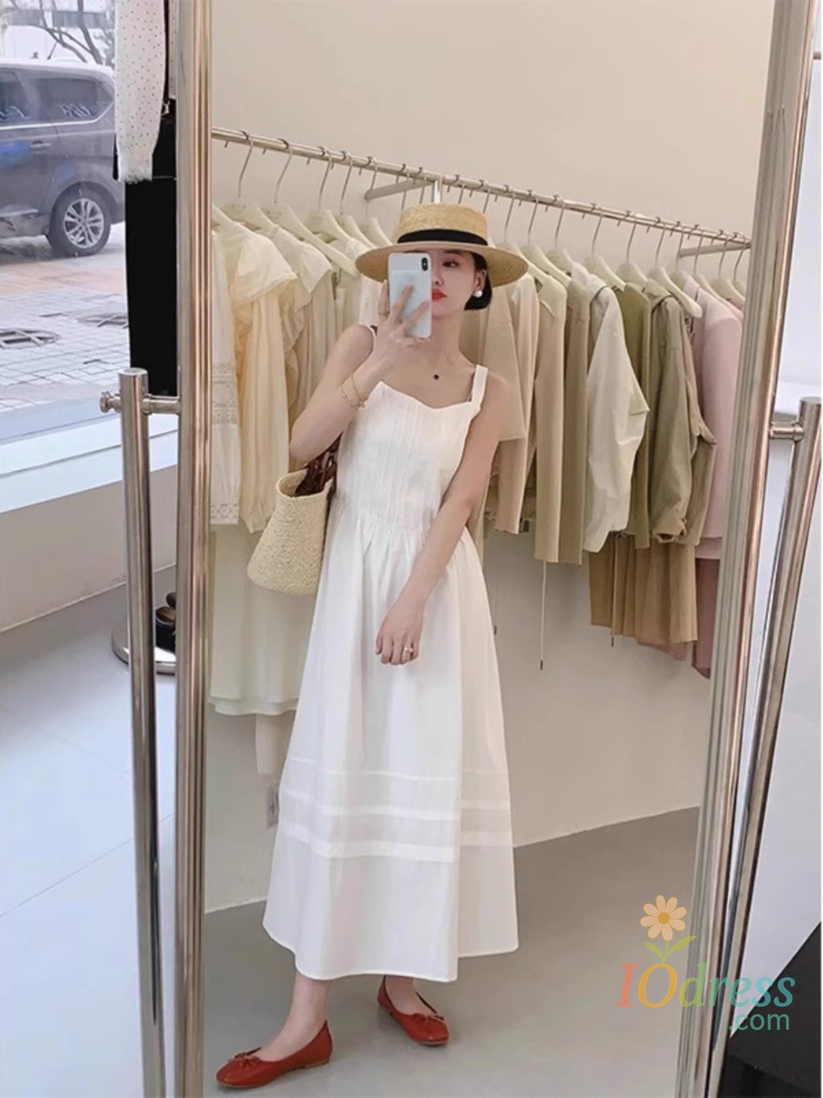 IO Dress Plus Size Ele White Waist-Cinching Dr Women's Summer plus Size High-End Sensation Slimming Svel Strap Long Dr