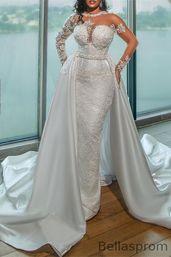 Bellasprom Scoop Long Sleeves Lace Appliques Mermaid Bridal Dresses With Detachable Skirt Same as Picture-US2 Bellasprom Scoop Long Sleeves Lace Appliques Mermaid Bridal Dresses With Detachable Skirt Same as Picture-US2