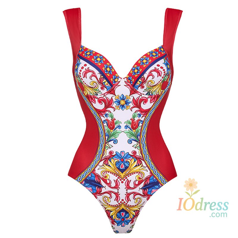 IO Dress Vintage Sling Pattern Print Bikini Set Women Swimwear Push Up One piece Swimsuit Summer Backless Bathing Suit Beach Wear
