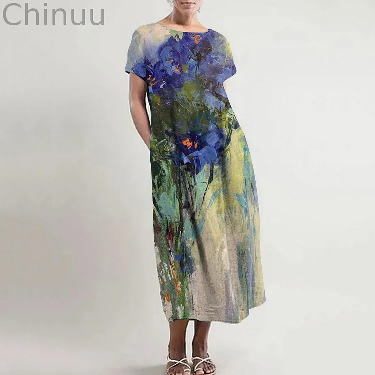 Oil Painting Floral Pattern Women'S Dress