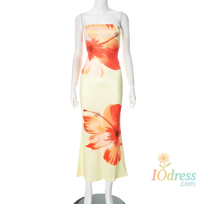 IO Dress CUTENOVA Women's 2024 New Flower Printed Tubeless Dress Casual Vacation Off Shoulder Slim Beach Floor Length Long Dress