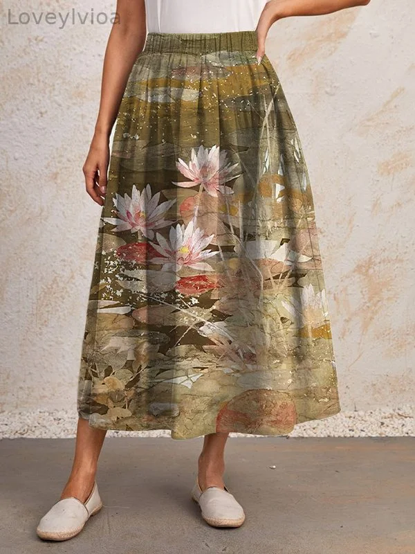 Women's Elegant Lotus Pond Landscape Art Print Elastic Waist Skirt?