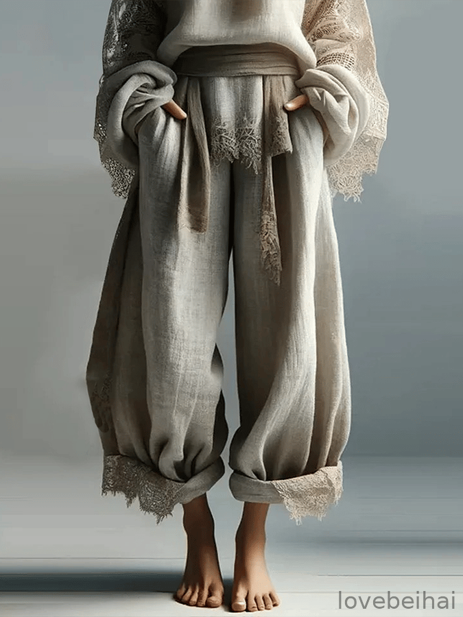 POL Drawstring Double Gauze Wide Leg Pants with Print and Lace Ruffle