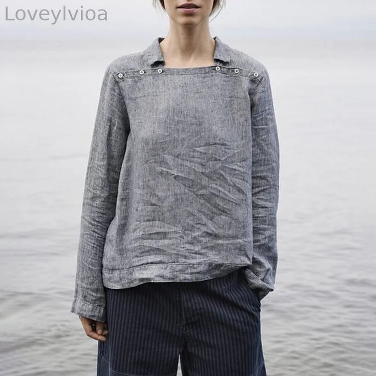 Vintage Button Square Neck Comfy Cotton Linen Casual Shirt