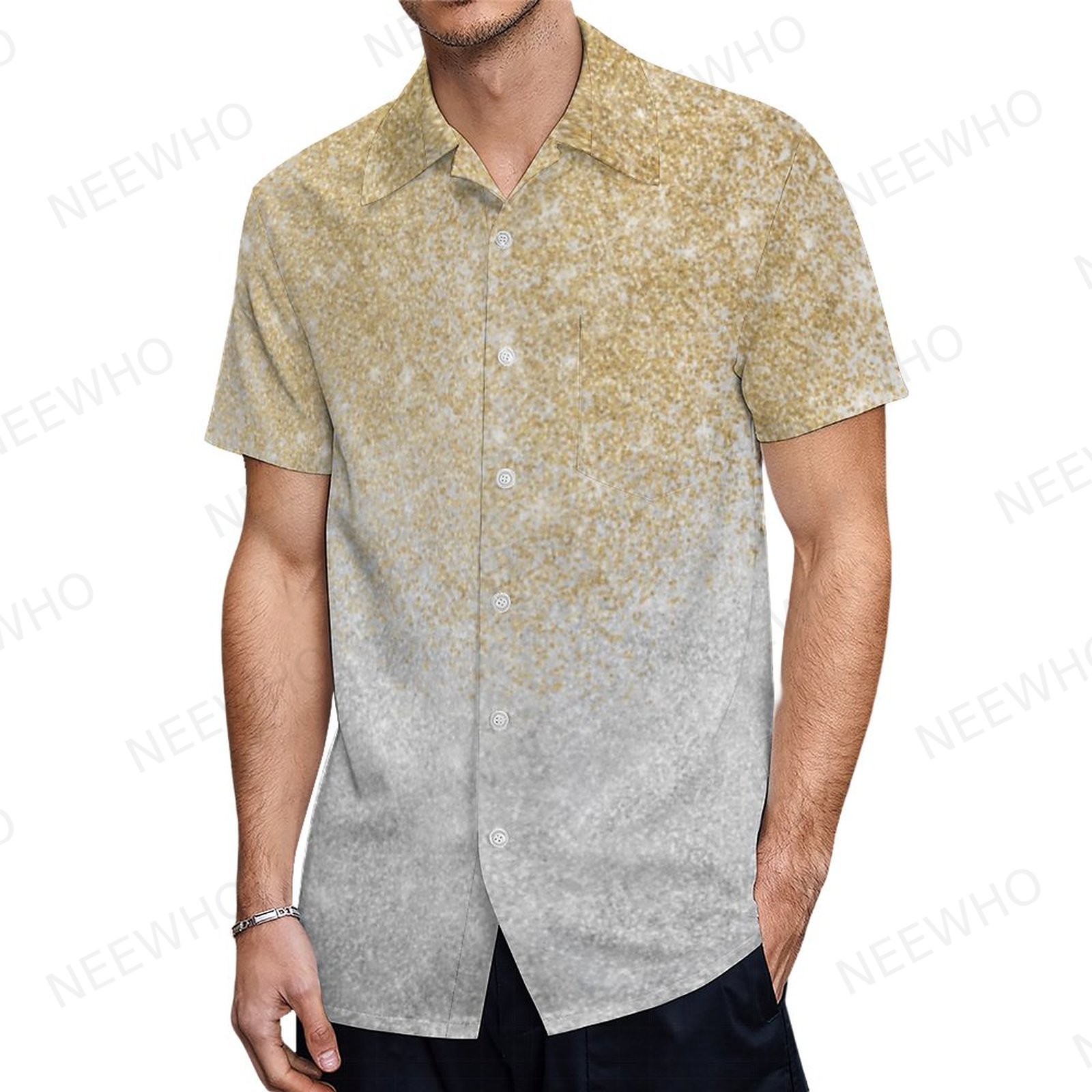 Gold And Silver Glitter Ombre Luxury Design Men's Tropical Print Hawaiian Beach Vacation Shirt Gold-XS