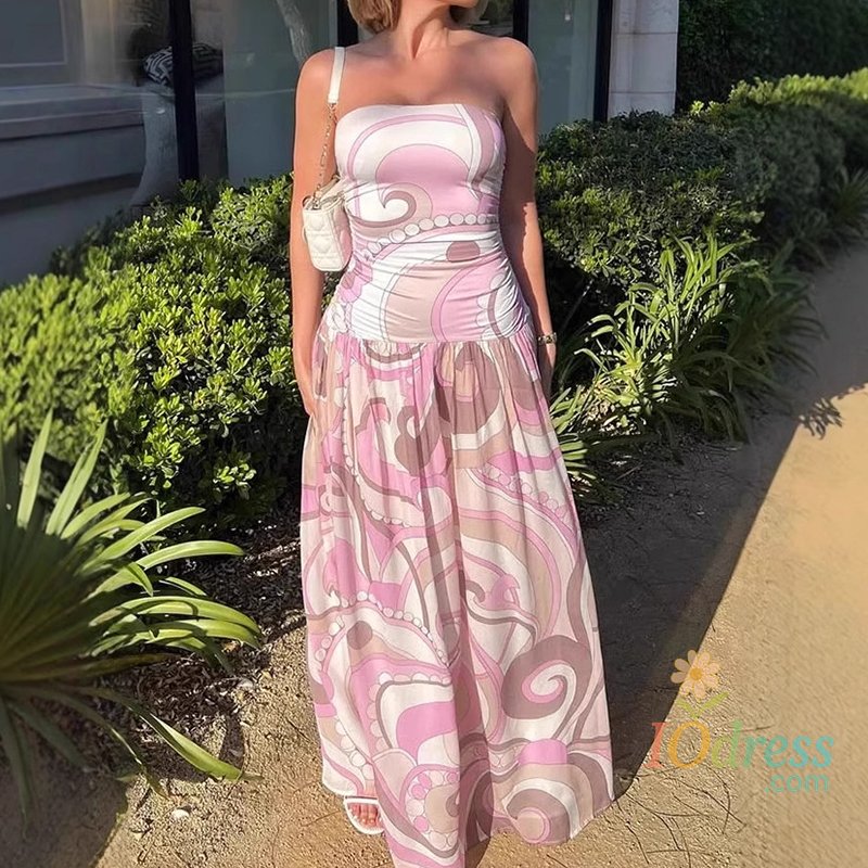 IO Dress Elegant Pattern Printed Sleeveless Bohe Dress Women Sexy Strapless Backless Swing Dress Fashion Hight Waist Pleated Long Dresses