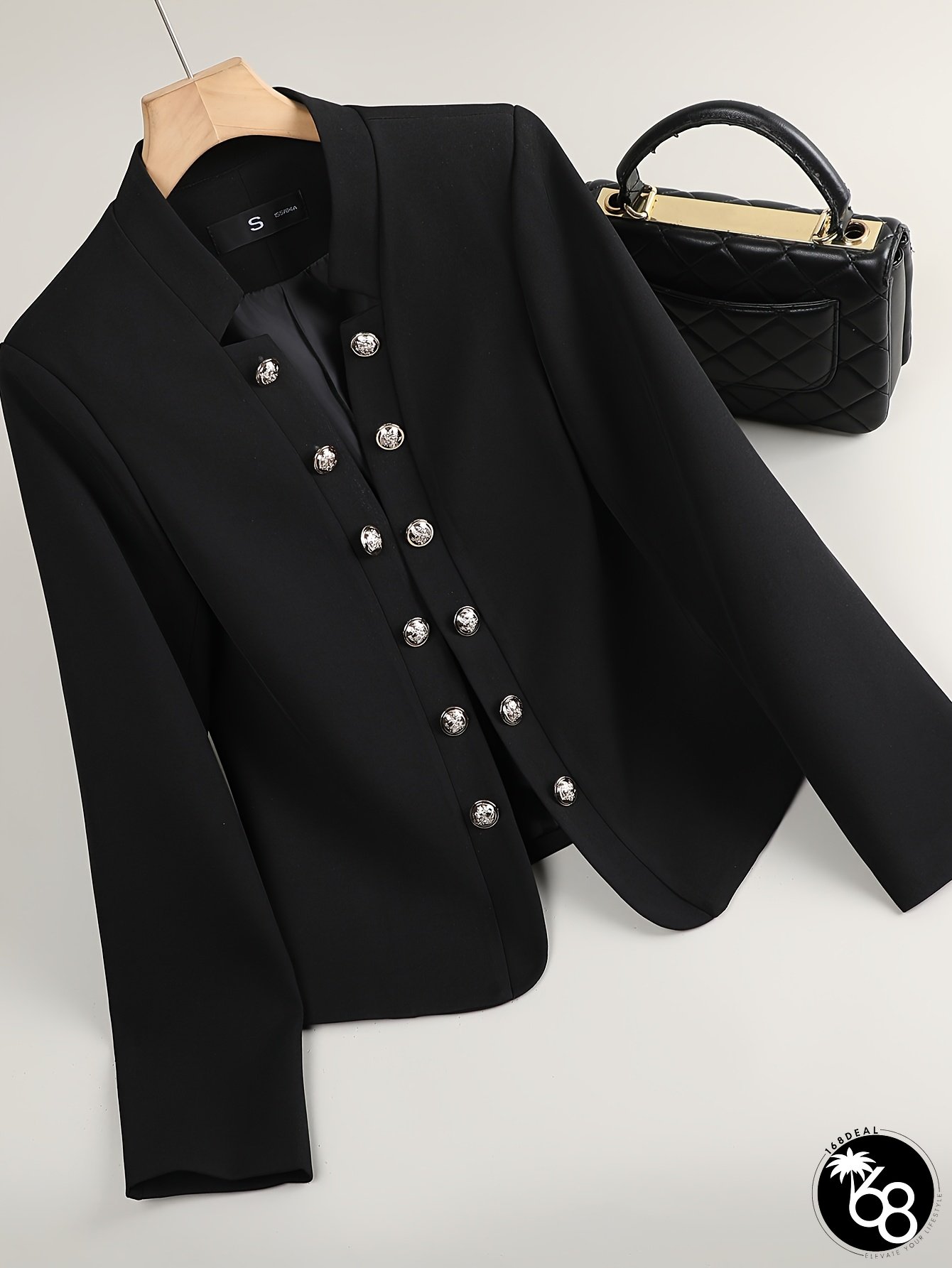 Womens Elegant Double-Brasted Blazer Jacket Solid Color Black H-silhouette office casual | 168DEAL