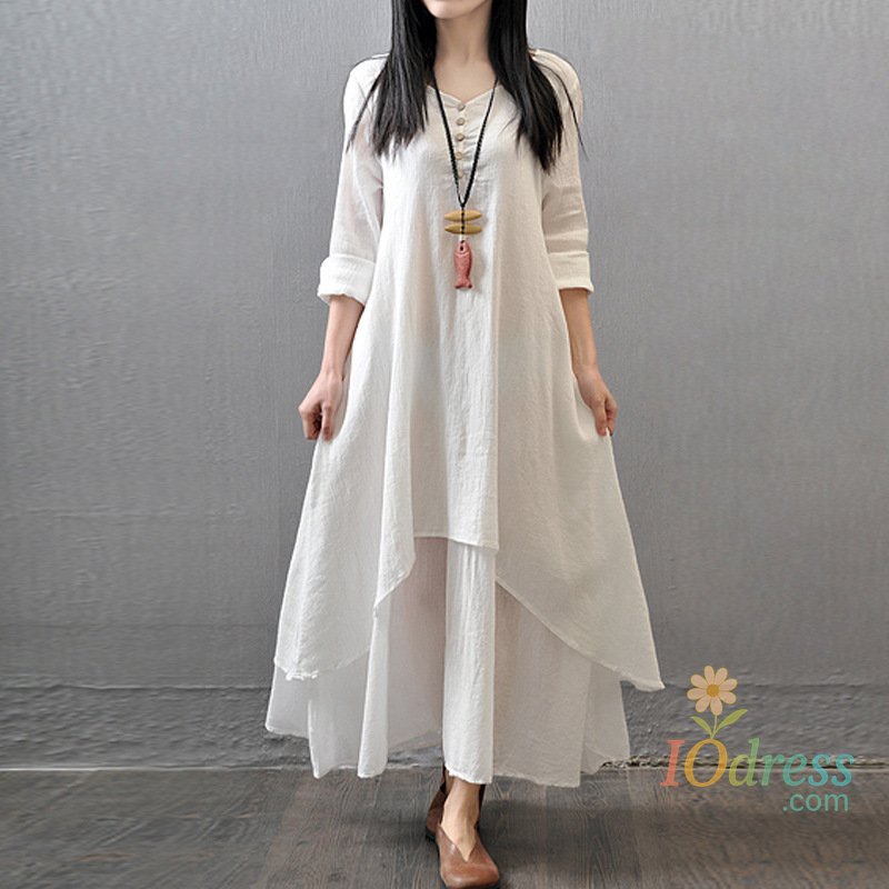 IO Dress 2025 Spring and Summer New Women High Quality Fake Two piece Long Skirt Art with Button Flax Loose Large Size Long Sleeve Dress