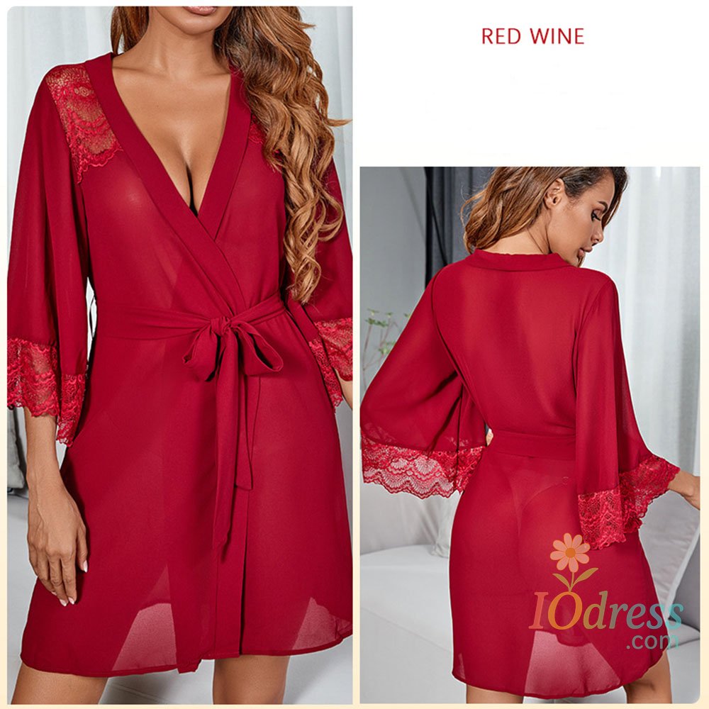 IO Dress Women Lace Patchwork Kimono Robe Babydoll Sexy Perspective Lingerie Mesh Chemise Nightgown Cover Up