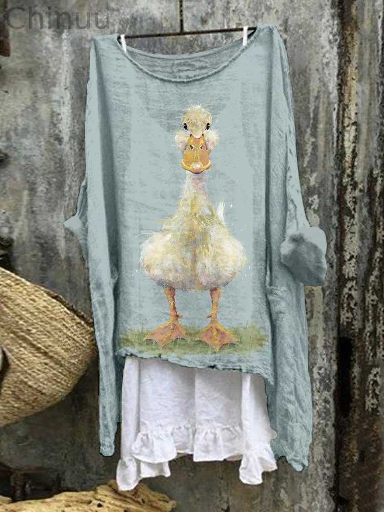 Cute Duck Art Linen Blend Flowy Tunic