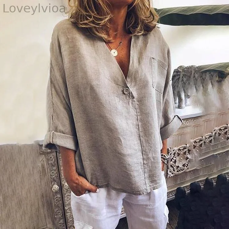 Vintage Button V Neck Linen Cotton Comfy Shirt