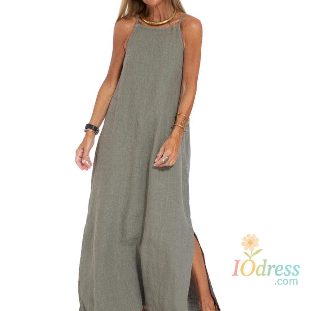 IO Dress 2025 Lady Strappy Maxi Dress A-line Vest Type Ankle Length Summer Beach Dress Loose Casual O Neck Side Split Summer Long Dress