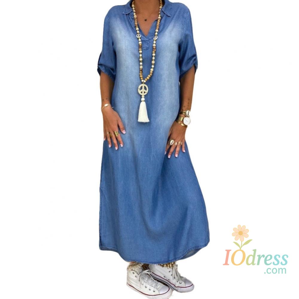 IO Dress Women Plus size dress Vintage Summer V Neck Half Sleeve Side Slitting Hem Loose Long Denim Dress Hem Loose Long Denim Dress