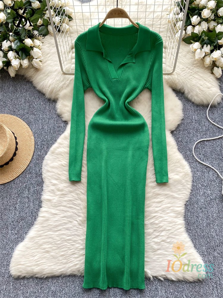 IO Dress SINGREINY French Vintage Sweater Dress 2024 Ladies Lapel Long Sleeves Autumn Fashion Solid Basics Bodycon Knitted Long Dress