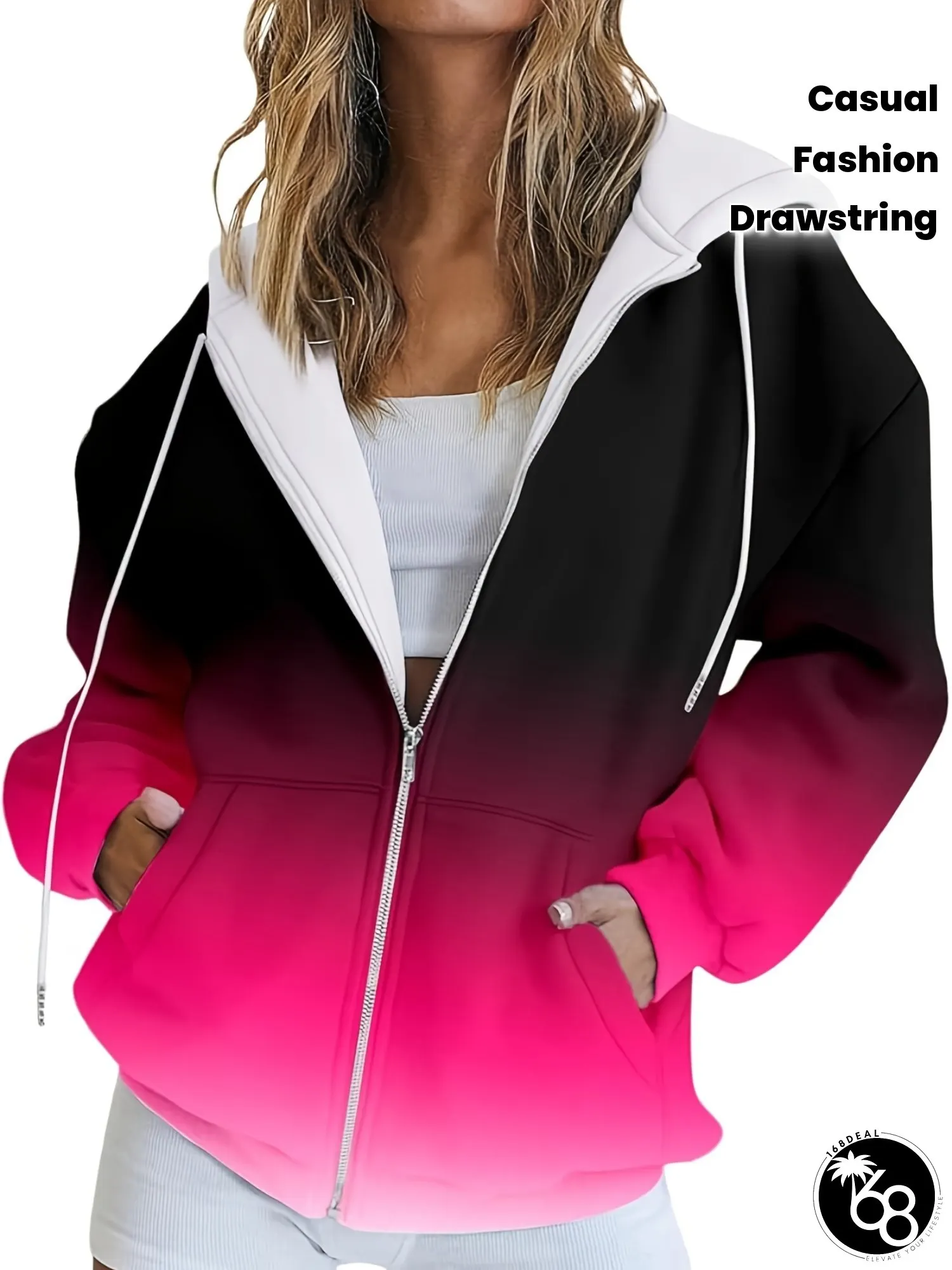 Womens Casual Zip-Up Hoodie Jacket Full-Zip Front Closure Drawstring Hood Side Pockets | 168DEAL
