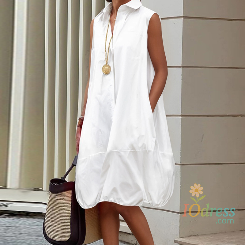 IO Dress Modigirl Women's Sleeveless Midi Dress 2025 Summer New Elegant Lable Buttoned Cotton Loose White Shirt Dresses for Woman Outfit