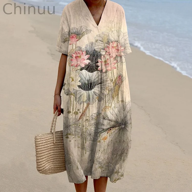 Line Lotus Pattern V-Neck Women'S Dress