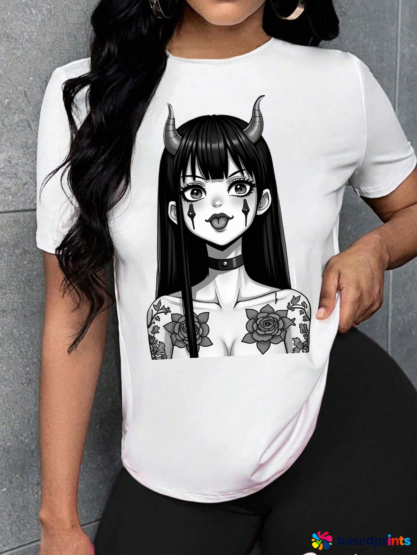 White Short Sleeve T-Shirt with Black Demon Girl Print