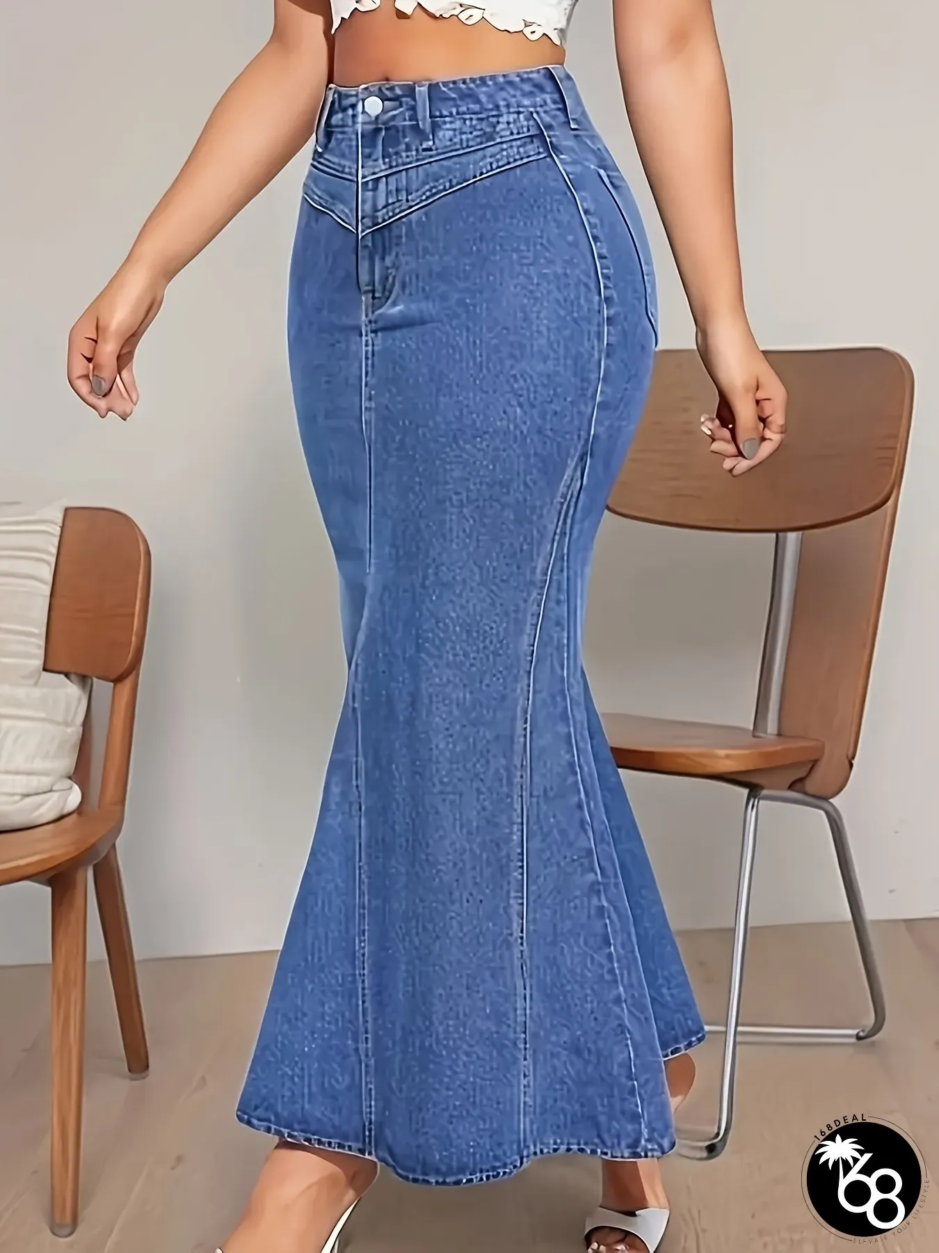 Womens V-Neck High-Waisted Denim Midi Skirt Stretchy Blue Jean with Flared Hem Casual | 168DEAL