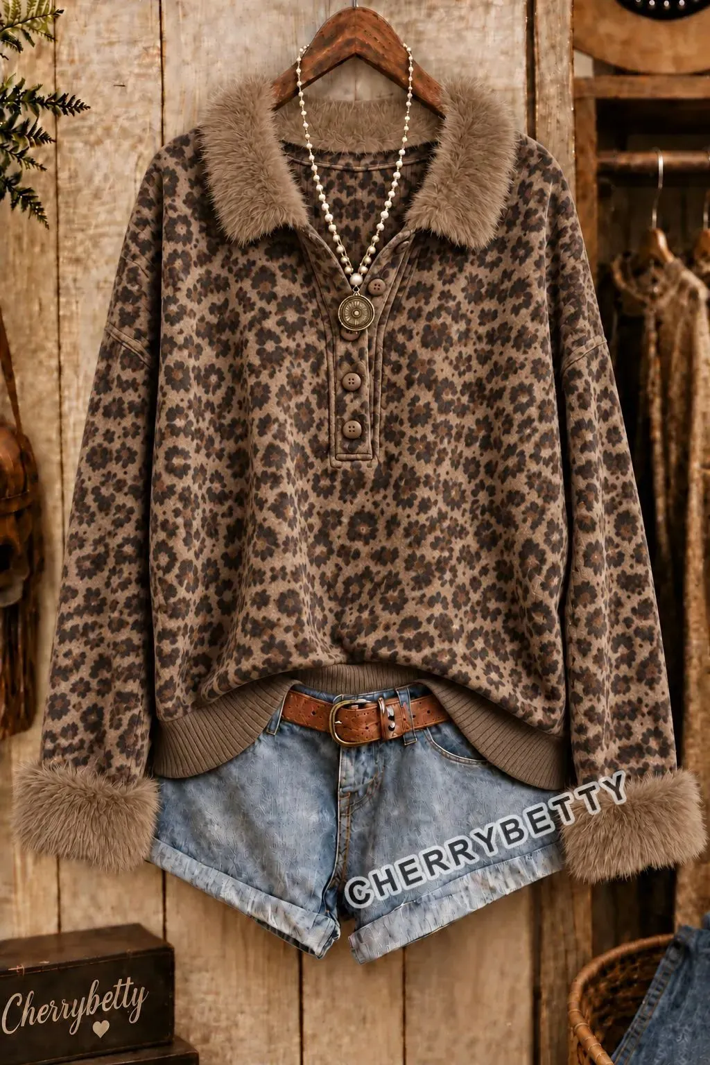 Vintage Leopard Print Knit Faux Fur Collar Sweatshirt