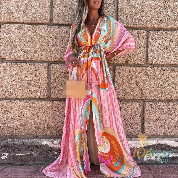 IO Dress Spring Summer New Women's Fashion Printed Sexy V-neck Lace Up Single Breasted Beach Floor Length Dress For Women