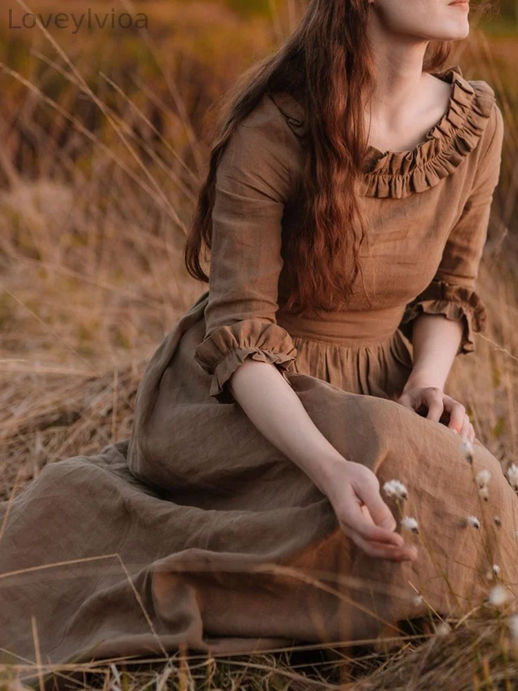 Vintage Ruffle Linen Cotton Maxi Dress