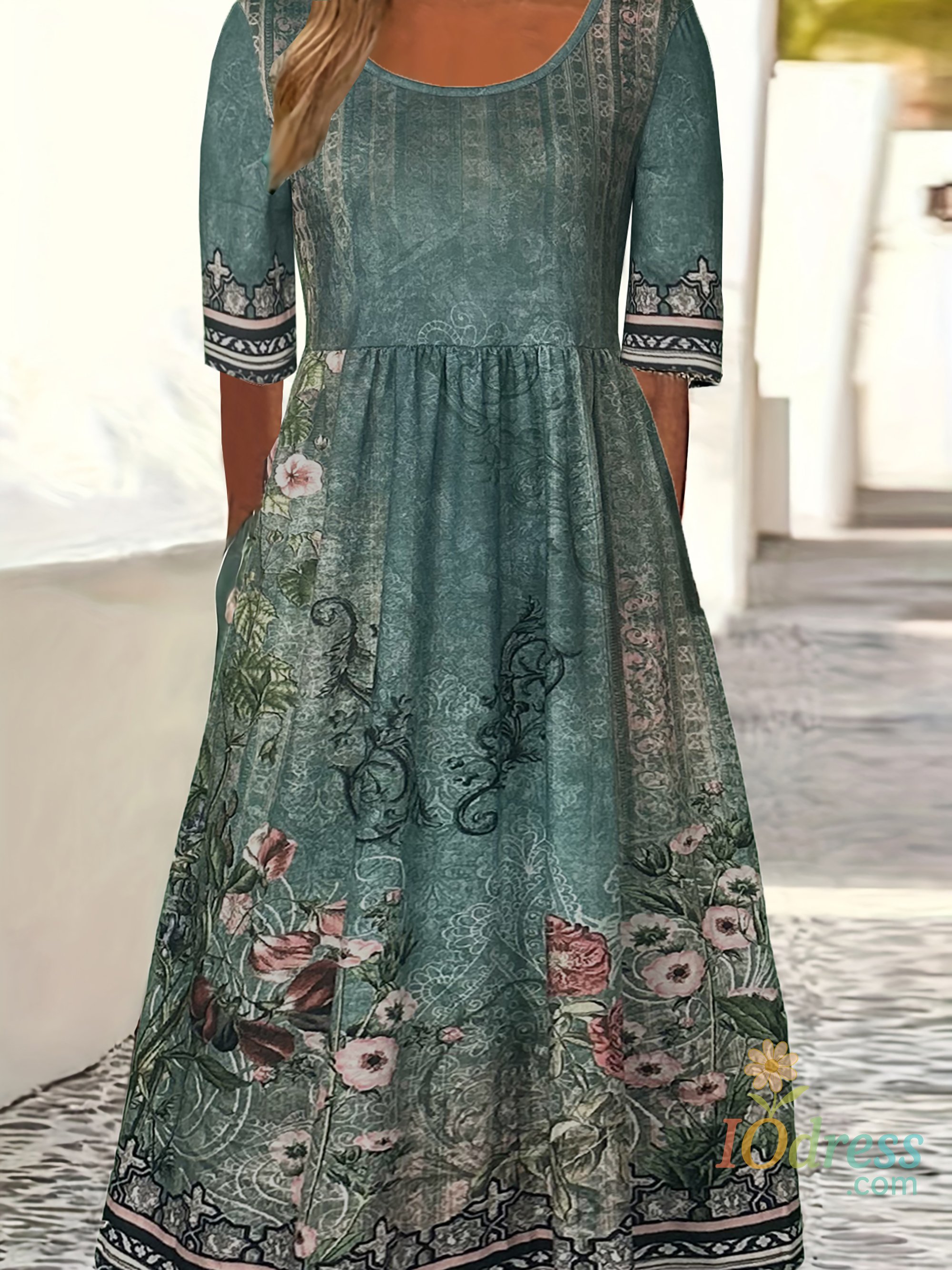 IO Dress 2025 summer new women's Bohemia loose fashion print round neck short sleeve long dress