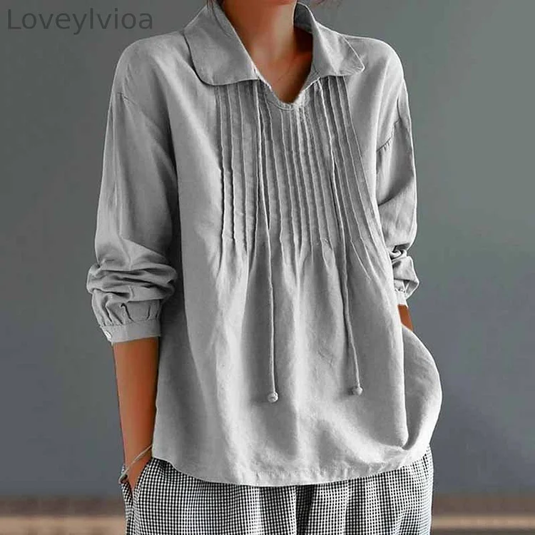 Solid Color Loose Pleated Collar Long Sleeved Shirt