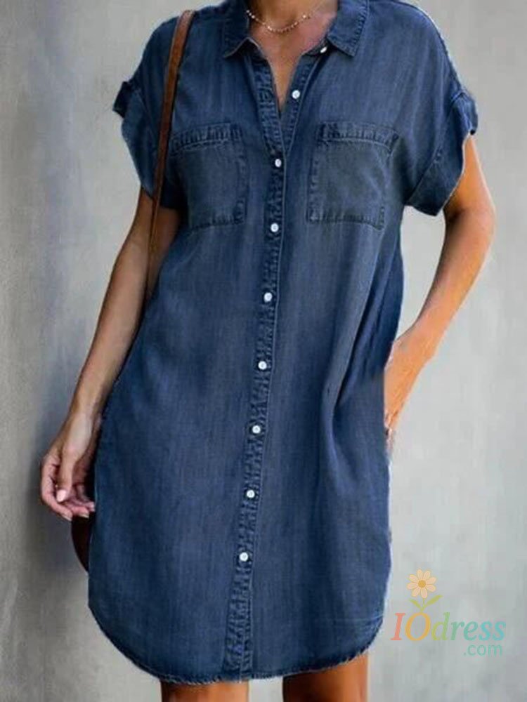 IO Dress Summer New Single Breasted Denim Shirt Dress Women's Casual Loose Pocket Simple Retro Commuter Female Office Denim Short Skirt