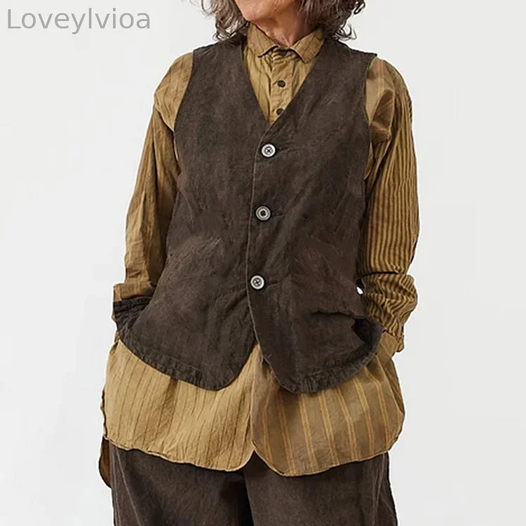 Vintage Button Comfy Linen Cotton Vest