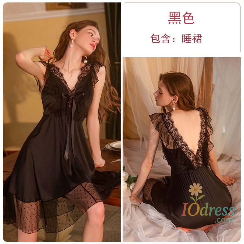 IO Dress Evening Pajamas Sexy Sleepwear Pure Flounces Ice Silk Lace Nightdress Night Gown Women Nightwear Nighty for Ladies Sleep Dress