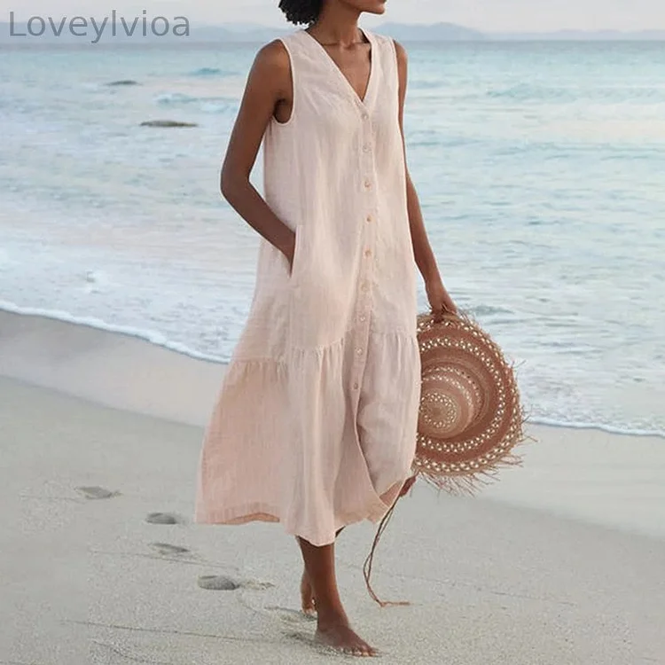 Vintage Plain V Neck Button Down Sleeveless Maxi Dress