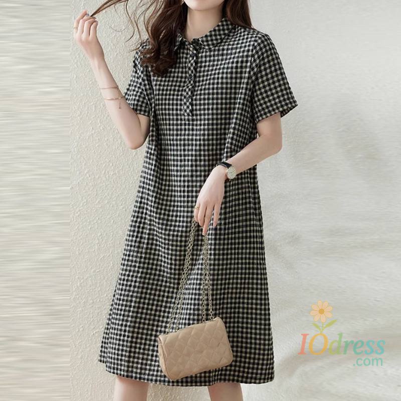 IO Dress Shop Women Plaid Long Shirt Dress 2024 Summer Short Sleeve Midi Dress Fashion Office Lapel Neck Robe Casual Loose Lady Vestido