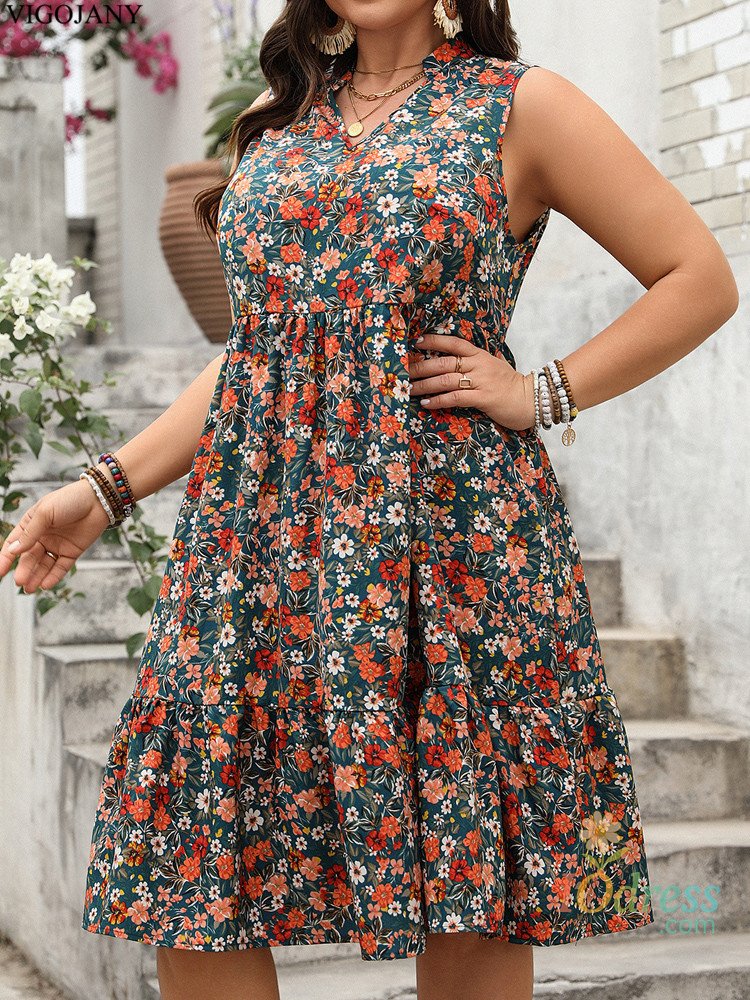 IO Dress Vigojany 2025 Print V Neck Plus Size Short Dress Women Summer Loose Casual Large Dress Lady Sleeveless Chubby Curvy Dresses
