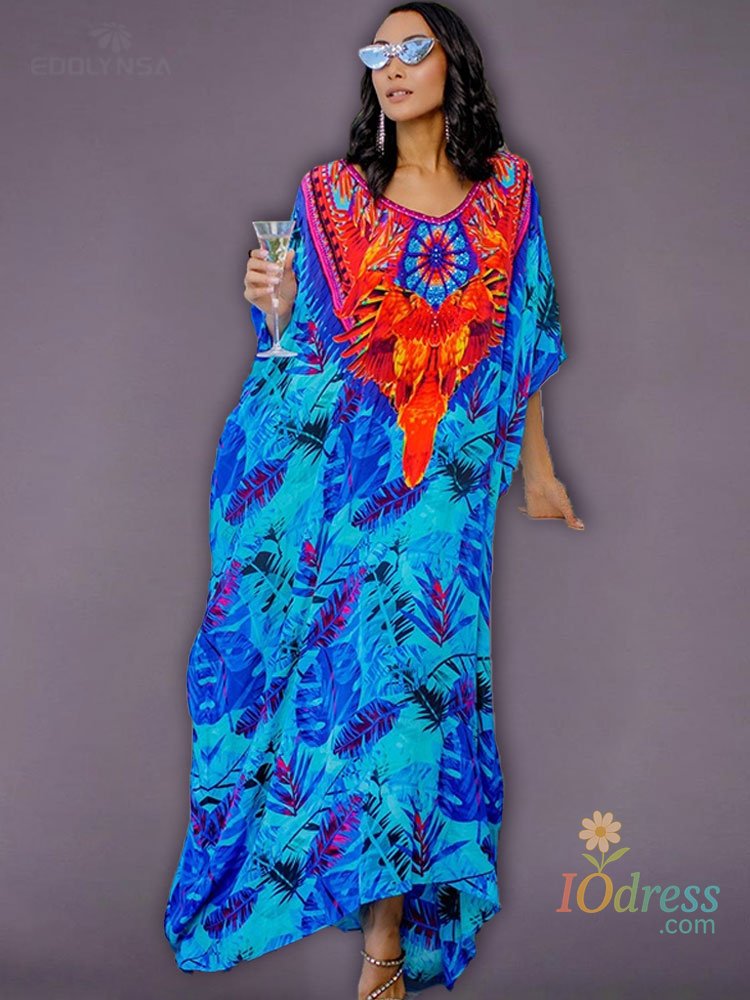IO Dress 2025 Quick-drying Bohemian Printed Loose Summer Beach Dress Moroccan Kaftan Women Plus Size Beachwear Tassel Midi Dress Q897 IO Dress Store