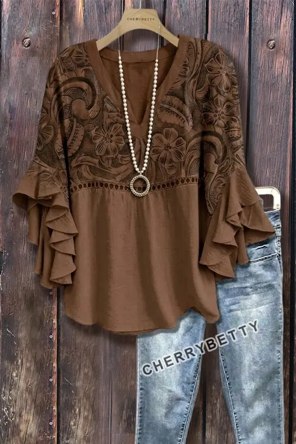 【新品未使用】Lure you in / Bouquet frill tops Vintage Floral Print Hollow Out Ruffle Sleeve Top