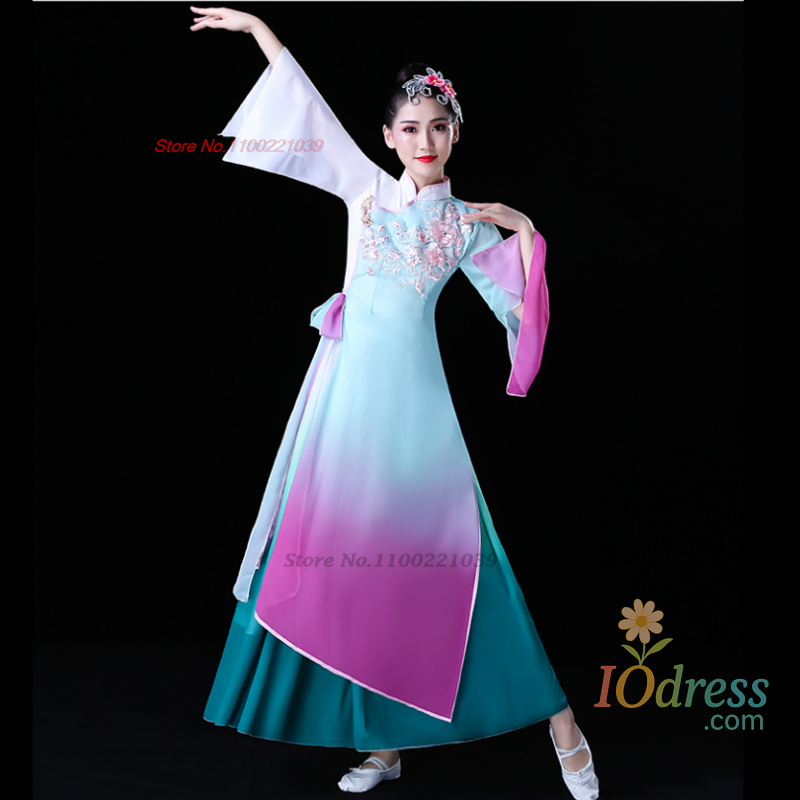 IO Dress 2025 chinese vintage dance costume traditional gradient color flower embroidery qipao retro stage performance dance dress hanfu