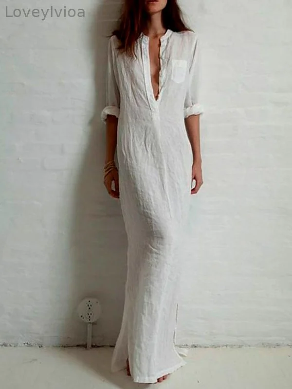 Linen Blend Breathable Side Split Maxi Shirt Dress