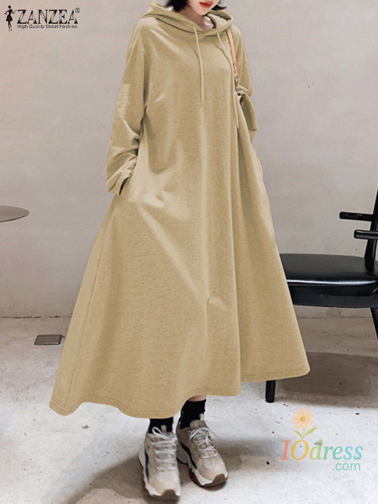 IO Dress choice FW 2025 Women's Hoodies Dresses Long Sleeve Hooded A-Line Long Sweatshirt Dress Solid Color Loose Casual Woman Clothes
