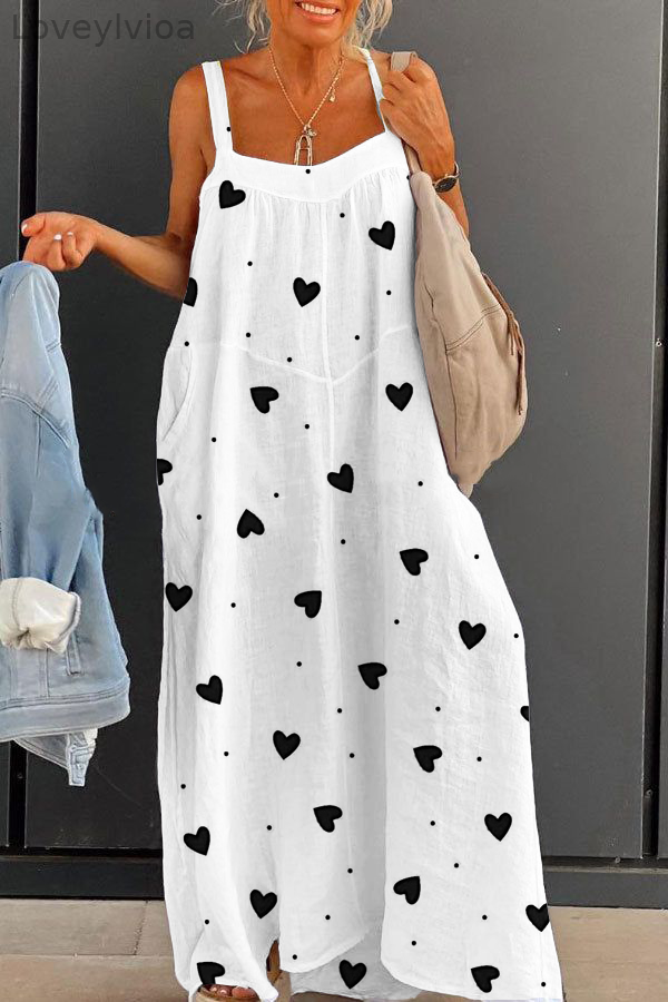 Women's Fashion Love Large Size Loose Suspender Printed Dress Long Skirt