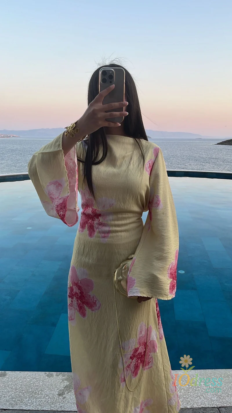 IO Dress 2025 New Printed Long Dress Women Fashion Flare Sleeve High Waist Slim A-line Maxi Dresses Lady Summer Chic Evenig Party Robes