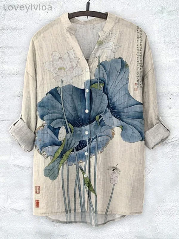Women's Casual Lotus Leaf Floral Art Print V Neck Cotton And Linen Shirt