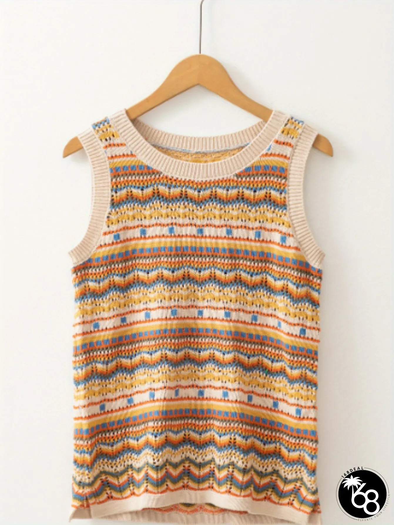 Womens Elegant Crochet Vest Openwork Sweater with Brown Stripe Pattern Lightweight | 168DEAL
