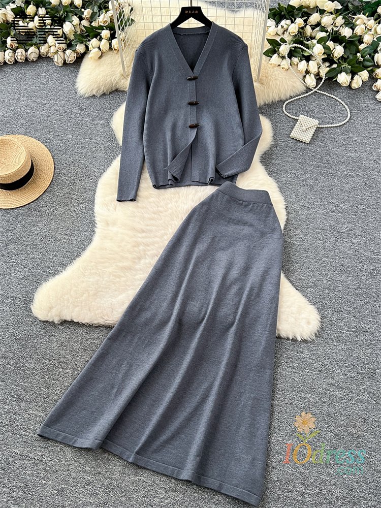 IO Dress SINGREINY Casual Knitted Loose 2pcs Suits Long Sleeve Single Breasted Cardigan+A Line Skirt Elastic 2025 Autumn Women Outfits