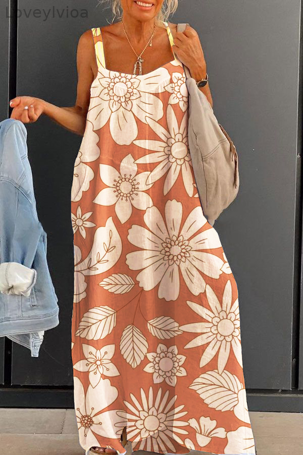 Women's large size loose suspender printed long dress