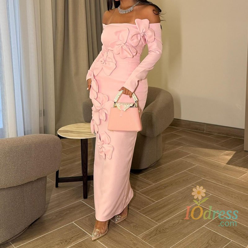 IO Dress Sexy Off Shoulder Solid Color Party Dress Casual Long Sleeve Slim Fit Long Dress Women Elegant Flower Dimensional Bodycon Dress