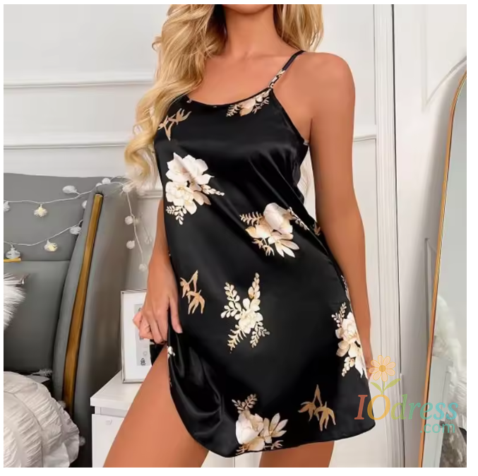 IO Dress Women Nightwear Home Clothes Sexy Black Floral Printing Nightdress Sleepwear Nightshirts Silk Sleepshirts Nightgowns For Woman