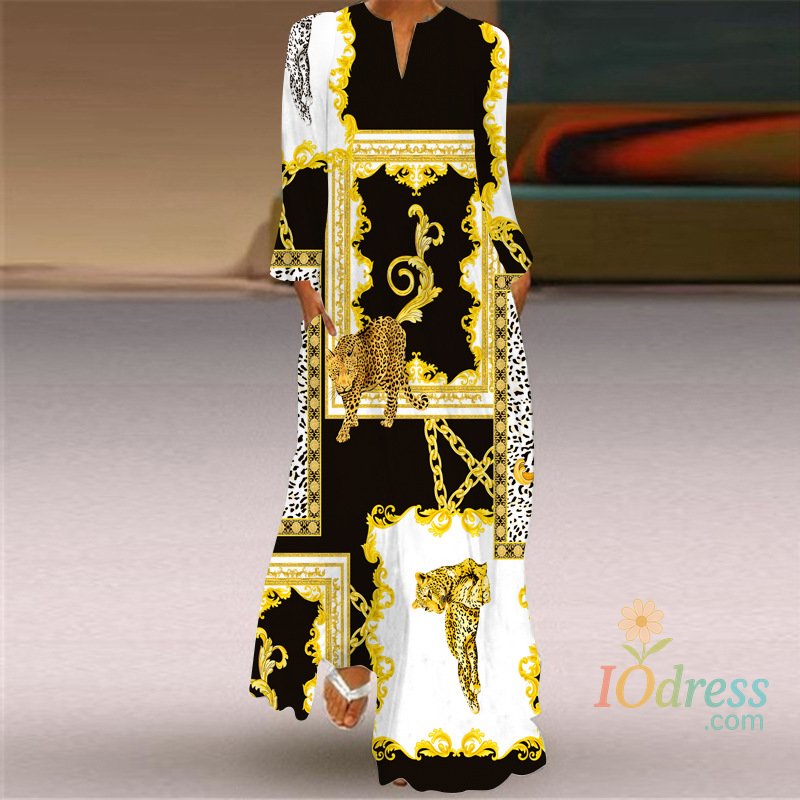 IO Dress Ladies Autumn Long Dress Women Black Long Sleeve V-neck Elegant Dresses Party Casual Printed Vintage Female Dress For Women 2024